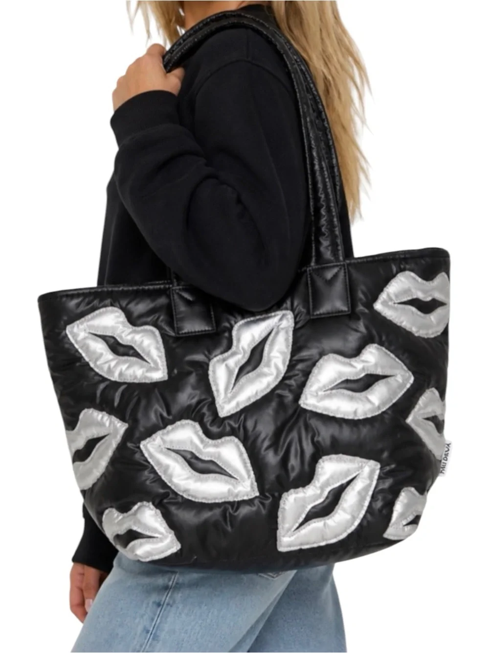 Wildfox Black Puffer Tote Silver Lip Appliqué Quilted Shoulder Bag NWT